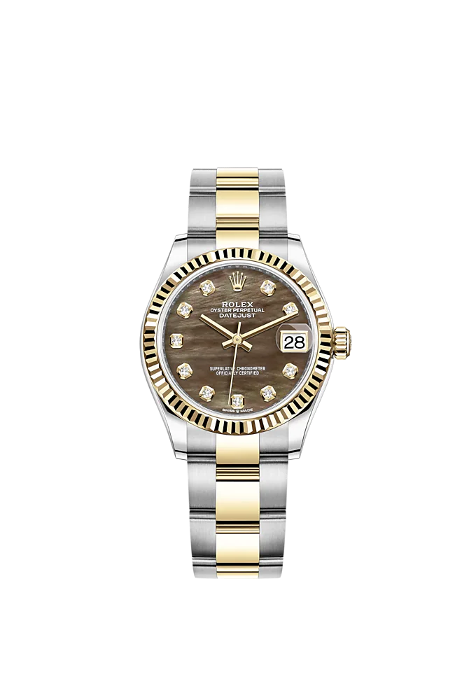 Datejust 31 31mm Oyster Bracelet Oystersteel and Yellow Gold with Black Mother-Of-Pearl Diamond-Set Dial Fluted Bezel