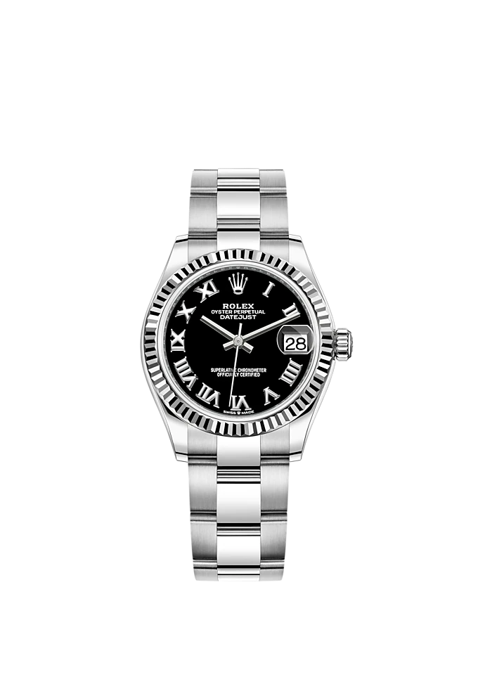 Datejust 31 31mm Oyster Bracelet Oystersteel and White Gold with Bright Black Dial Fluted Bezel