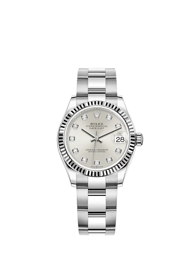 Datejust 31 31mm Oyster Bracelet Oystersteel and White Gold with Silver Diamond-Set Dial Fluted Bezel