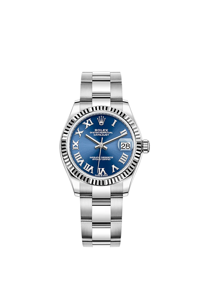 Datejust 31 31mm Oyster Bracelet Oystersteel and White Gold with Bright Blue Dial Fluted Bezel