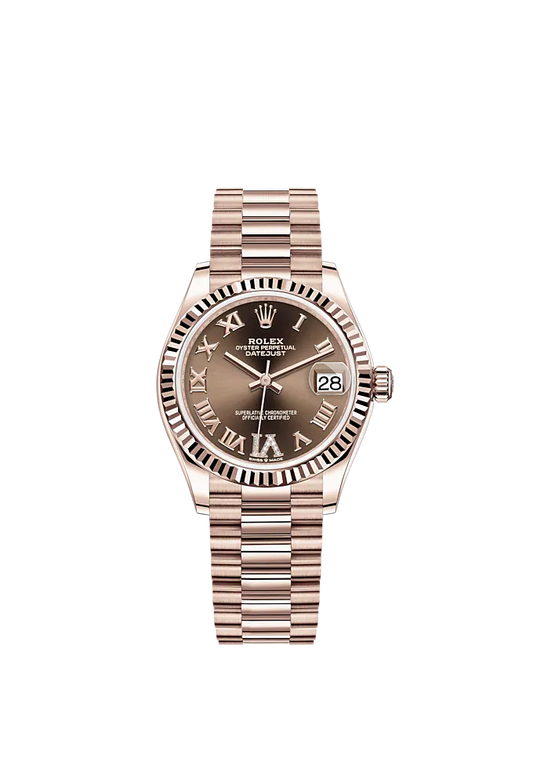 Datejust 31 31mm President Bracelet and 18 CT Everose Gold with Chocolate Diamond Dial Fluted Bezel
