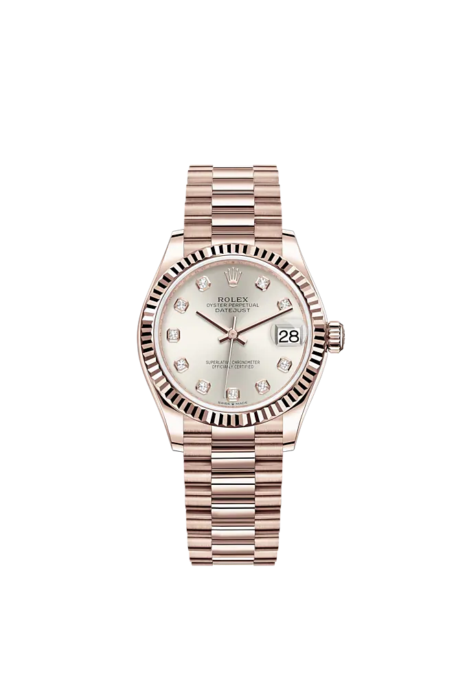 Datejust 31 31mm President Bracelet and 18 CT Everose Gold with Silver Diamond-Set Dial Fluted Bezel