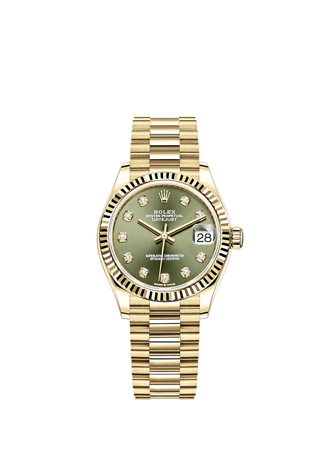 Datejust 31 31mm President Bracelet and 18 CT Yellow Gold with Olive-Green Diamond-Set Dial Fluted Bezel