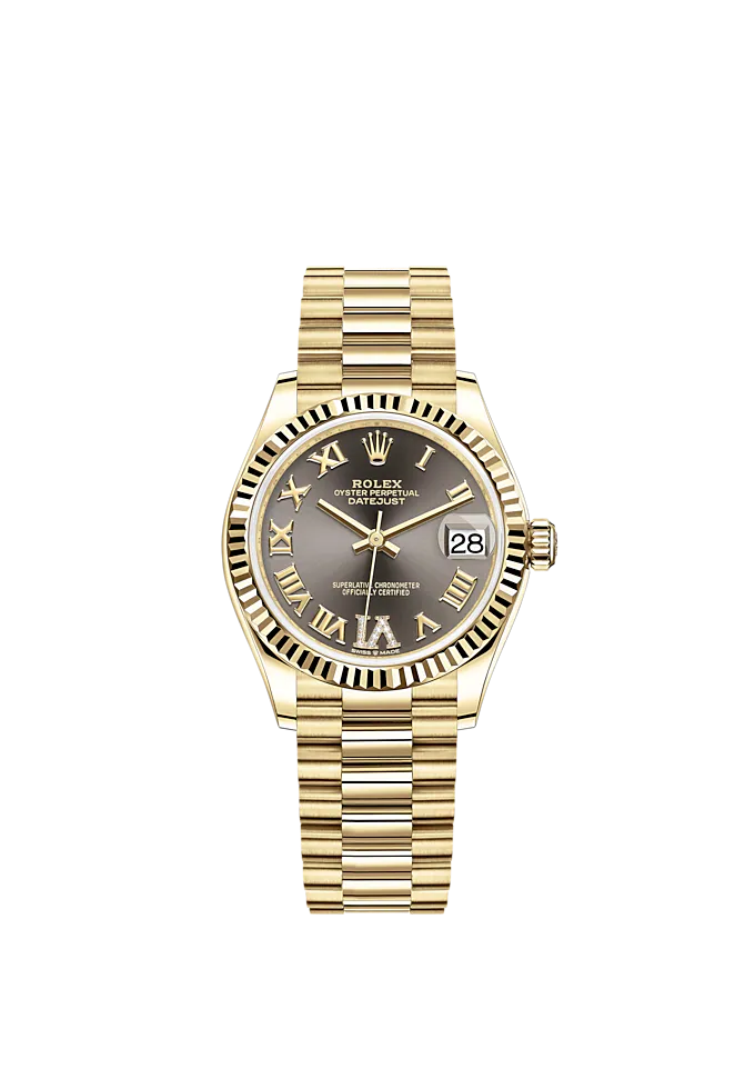 Datejust 31 31mm President Bracelet and 18 CT Yellow Gold with Dark Grey Diamond Dial Fluted Bezel