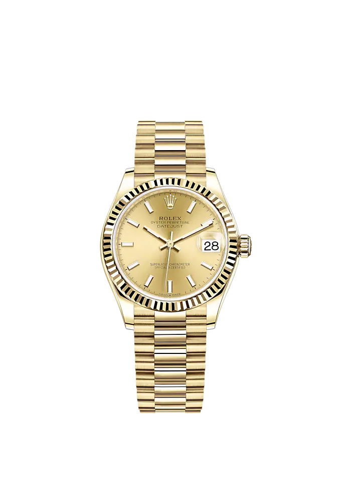 Datejust 31 31mm President Bracelet and 18 CT Yellow Gold with Champagne-Colour Dial Fluted Bezel