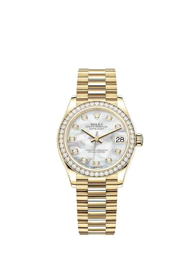 Datejust 31 31mm President Bracelet and 18 CT Yellow Gold with White Mother-Of-Pearl Dial Diamond-Set Bezel