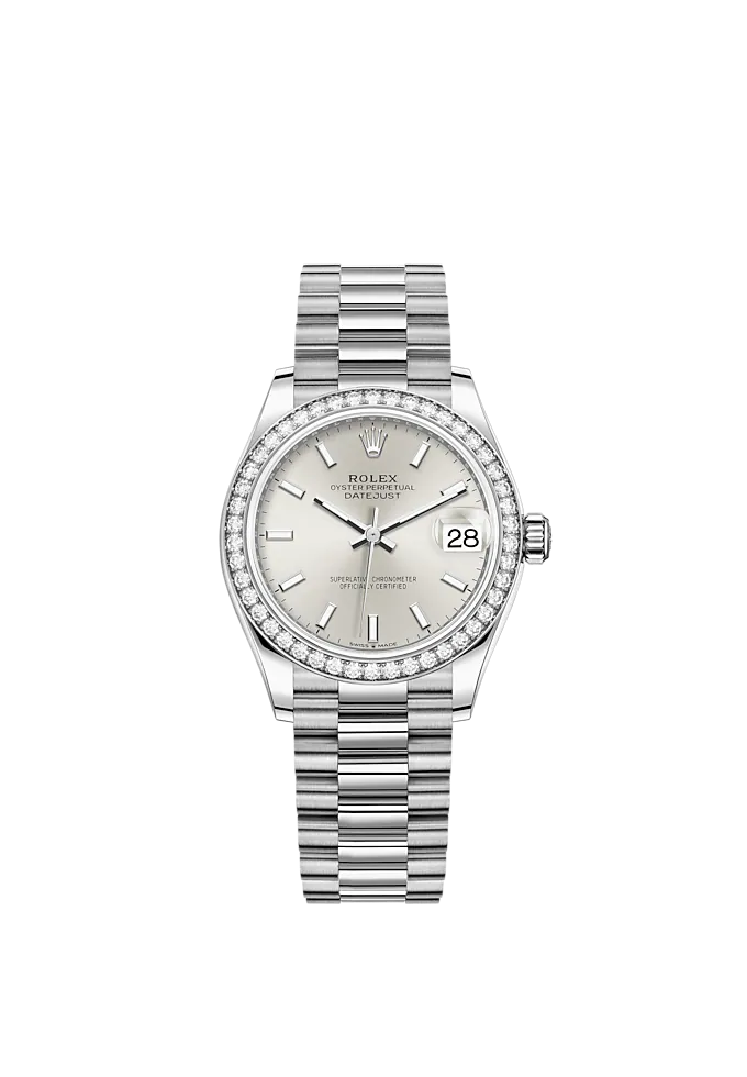 Datejust 31 31mm President Bracelet and White Gold with Silver Dial Diamond-Set Bezel