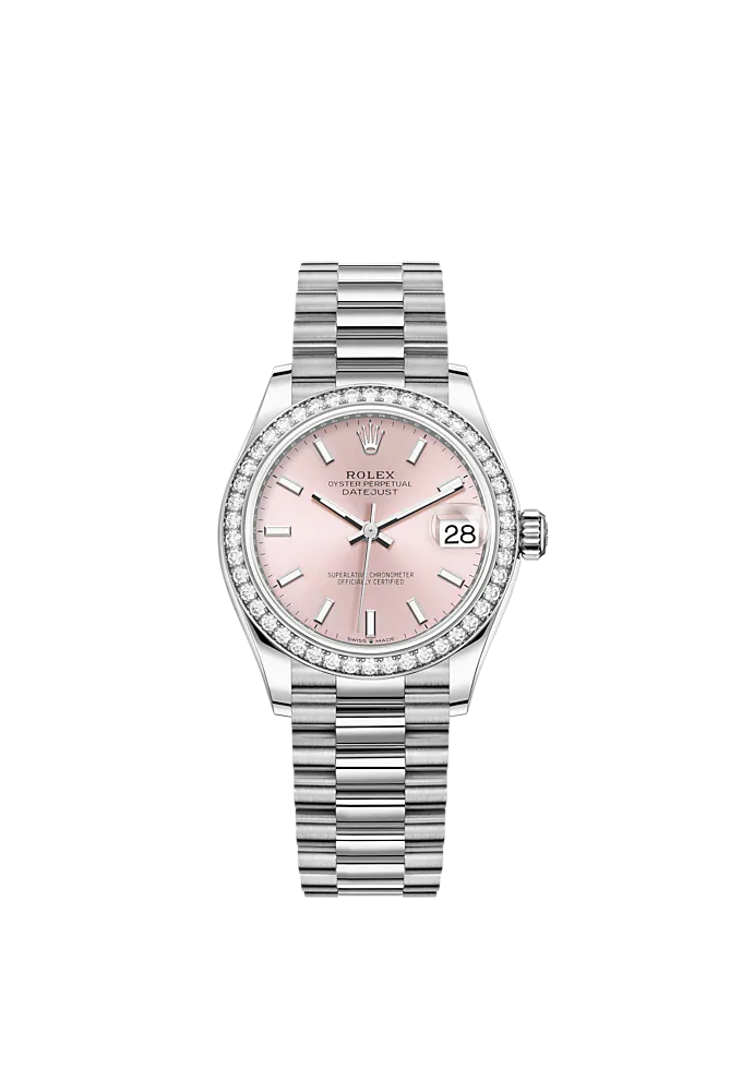 Datejust 31 31mm President Bracelet Oystersteel and White Gold with Pink Dial Diamond-Set Bezel