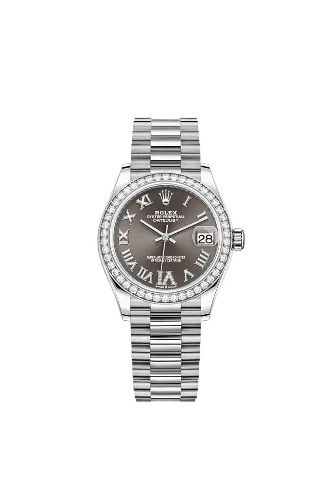 Datejust 31 31mm President Bracelet Oystersteel and White Gold with Dark Grey Dial Diamond-Set Bezel