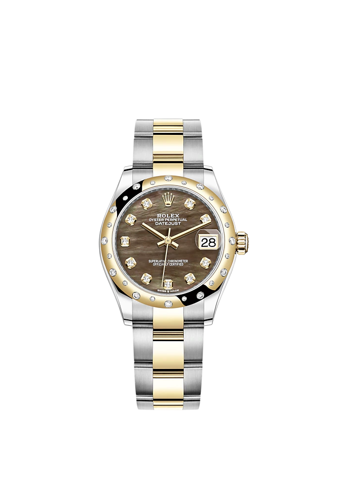 Datejust 31 31mm Oyster Bracelet Oystersteel and Yellow Gold with Black Mother-Of-Pearl Diamond Set Diamond-Set Bezel