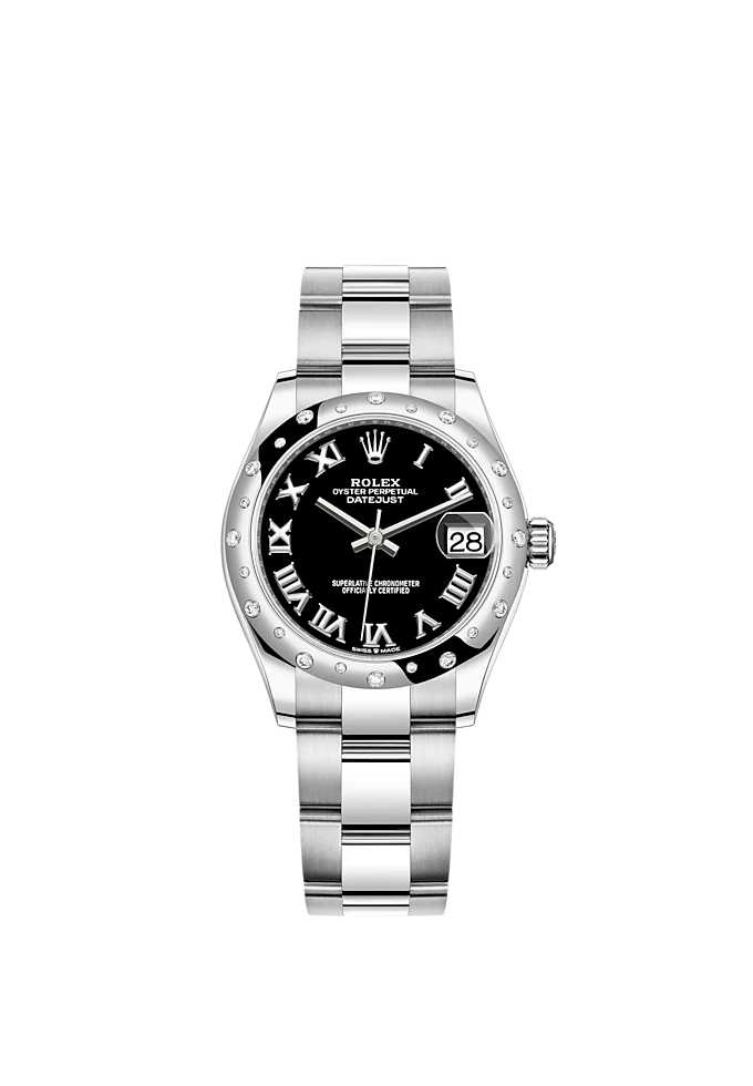 Datejust 31 31mm Oyster Bracelet Oystersteel and White Gold with Bright Black Dial Diamond-Set Bezel