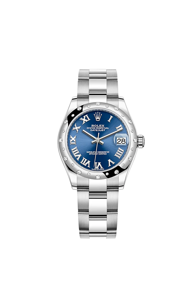 Datejust 31 31mm Oyster Bracelet Oystersteel and White Gold with Bright Blue Dial Diamond-Set Bezel