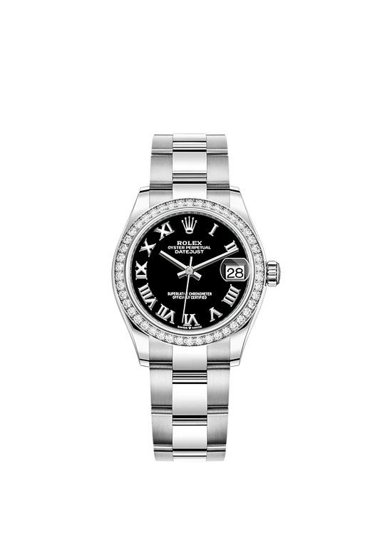 Datejust 31 31mm Oyster Bracelet Oystersteel and White Gold with Bright Black Dial Diamond-Set Bezel