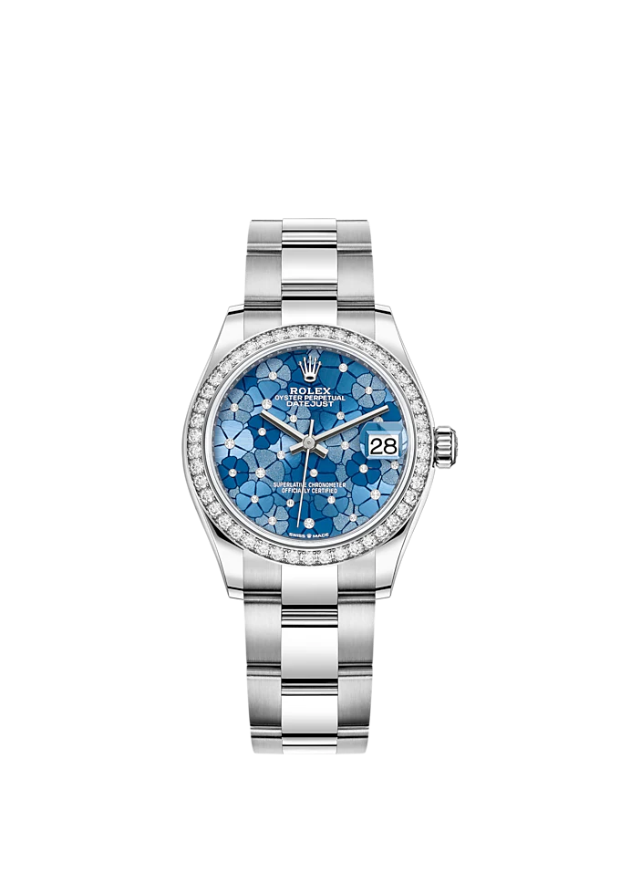 Datejust 31 31mm Oyster Bracelet Oystersteel and White Gold with Blue Floral-Motif Diamond-Set Dial Diamond-Set Bezel