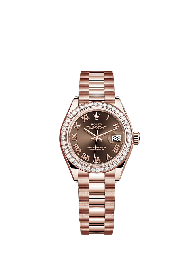 Lady-DateJust 28mm President Bracelet and 18 KT Everose Gold with Chocolate Dial and Diamond-Set Bezel