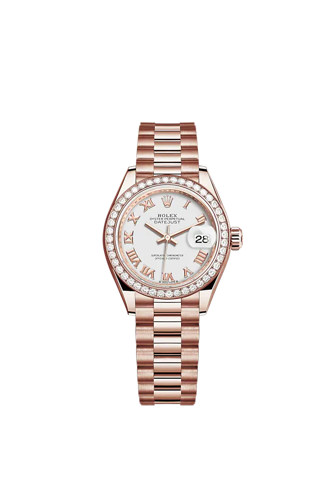 Lady-DateJust 28mm President Bracelet and 18 KT Everose Gold with White Dial and Diamond-Set Bezel