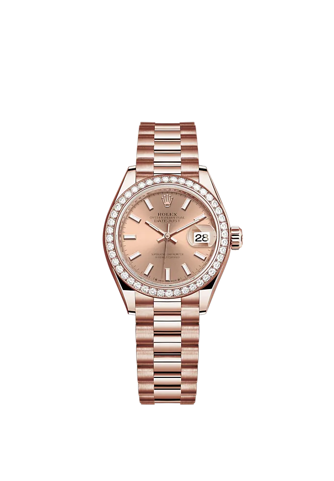 Lady-DateJust 28mm President Bracelet and 18 KT Everose Gold with Rosé-Colour Dial Diamond-Set Bezel