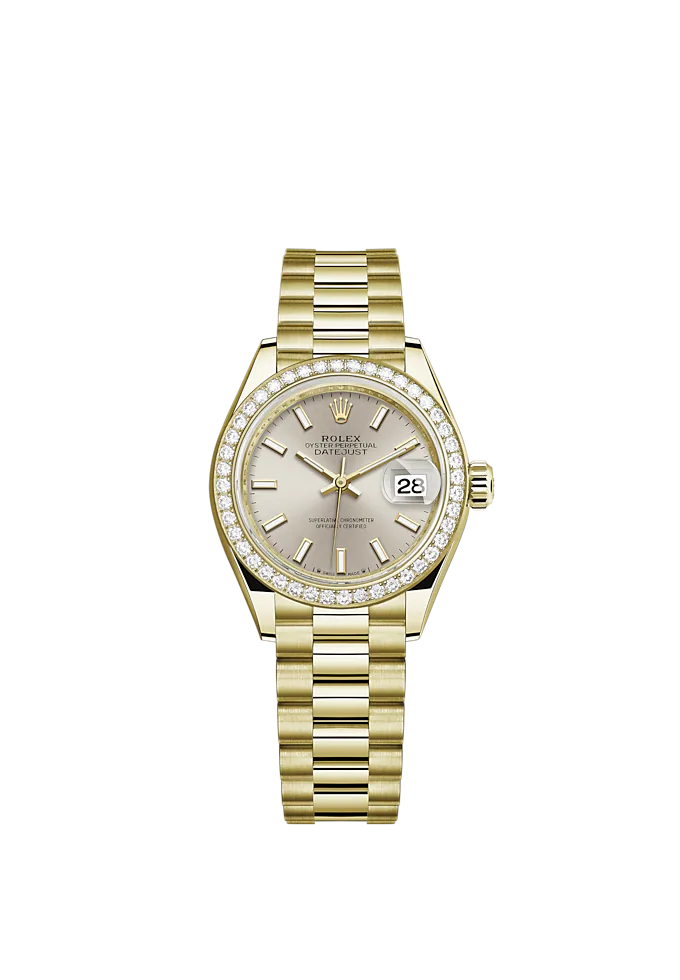 Lady-DateJust 28mm President Bracelet and 18 KT Yellow Gold with Silver Dial Diamond-Set Bezel