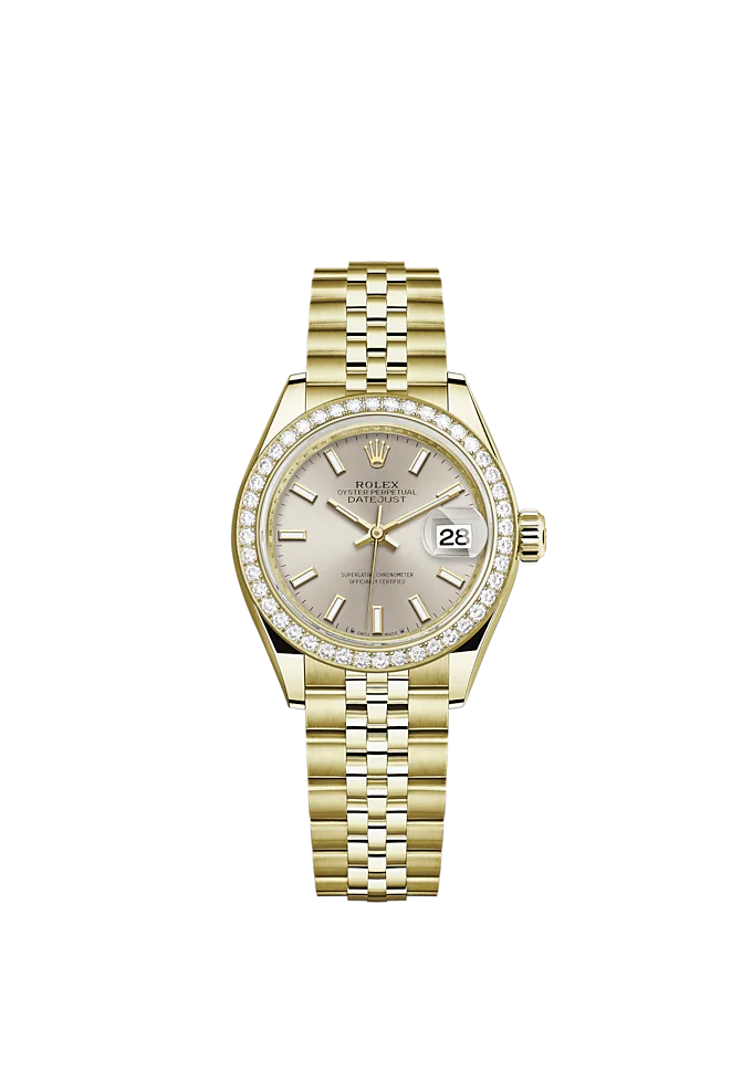 Lady-DateJust 28mm Jubilee Bracelet and 18 KT Yellow Gold with Silver Dial Diamond-Set Bezel