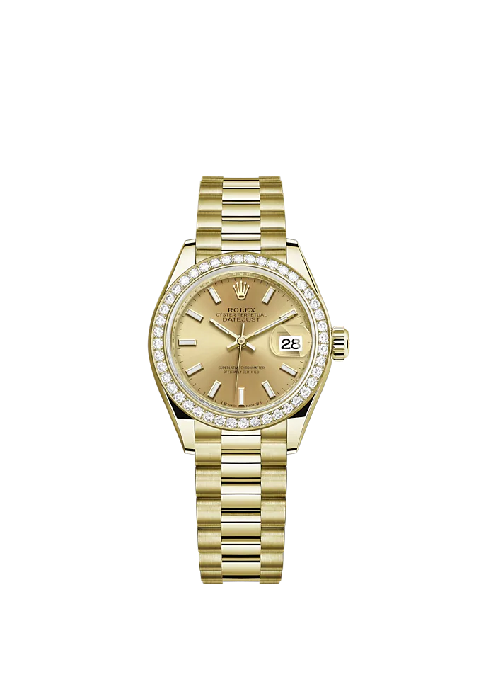 Lady-DateJust 28mm President Bracelet and 18 KT Yellow Gold with Champagne-Colour Dial Diamond-Set Bezel