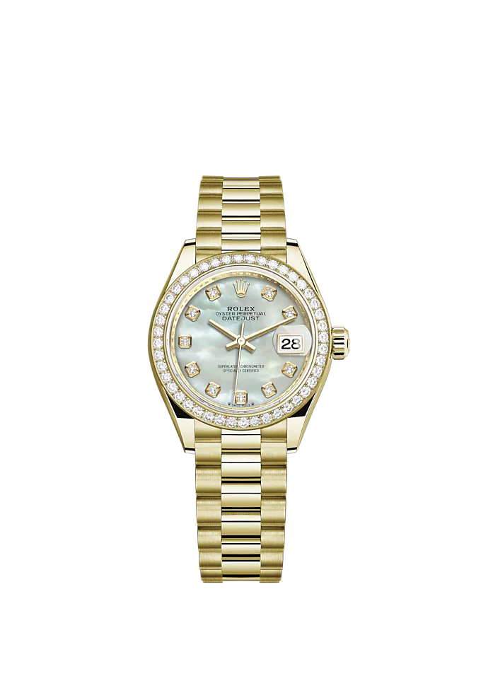 Lady-DateJust 28mm President Bracelet and 18 KT Yellow Gold with White Mother-of Pearl Dial Diamond-Set Dial and Diamond-Set Bezel