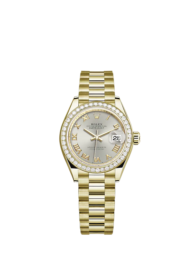 Lady-DateJust 28mm President Bracelet and 18 KT Yellow Gold with Silver Roman Dial Diamond-Set Bezel