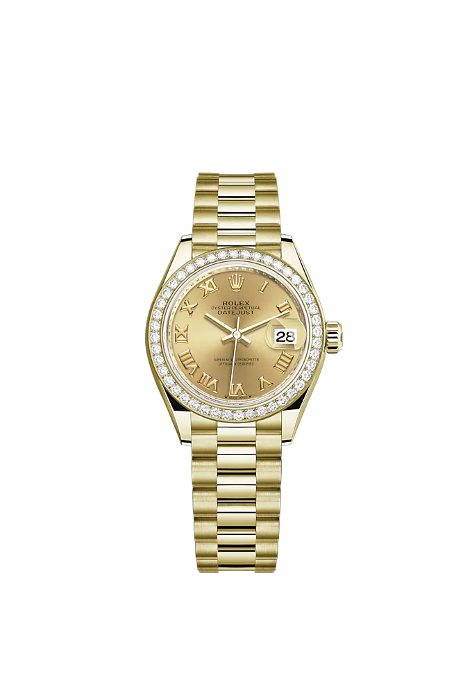 Lady-DateJust 28mm President Bracelet and 18 KT Yellow Gold with Champagne-Colour Roman Dial Diamond-Set Bezel