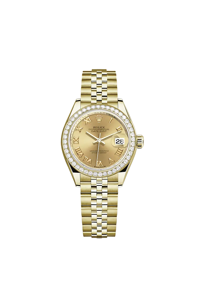 Lady-DateJust 28mm Jubilee Bracelet and 18 KT Yellow Gold with Champagne-Colour Roman Dial Diamond-Set Bezel