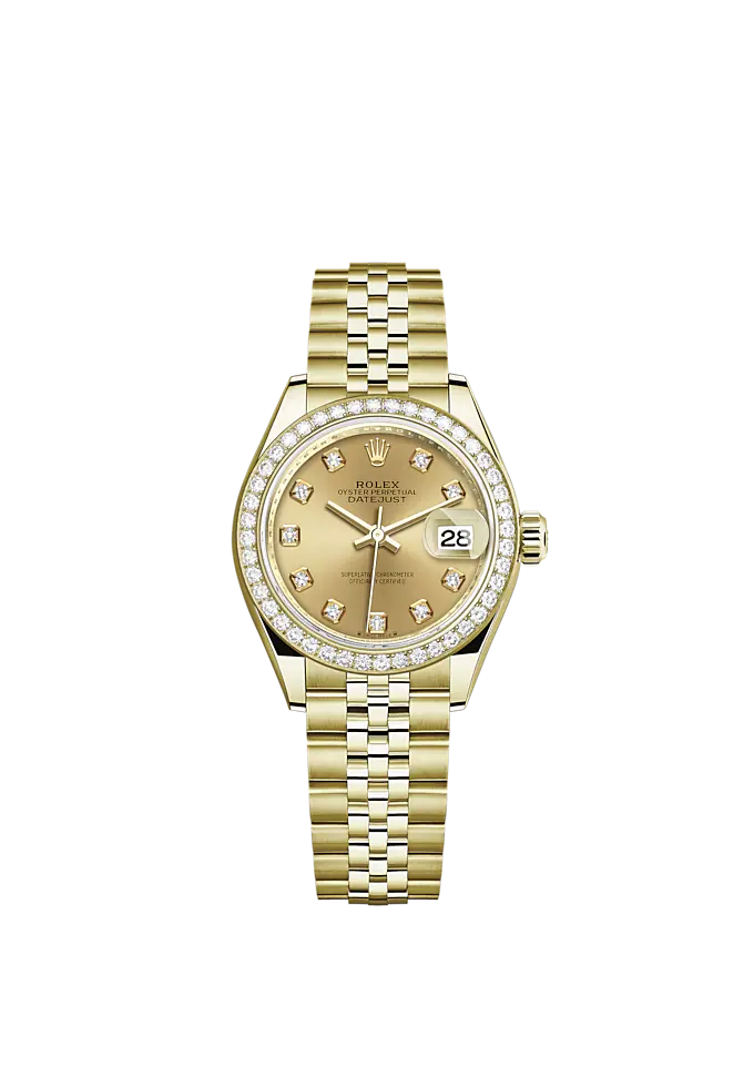 Lady-DateJust 28mm Jubilee Bracelet and 18 KT Yellow Gold with Champagne-Colour Dial Diamond-Set Dial Diamond-Set Bezel
