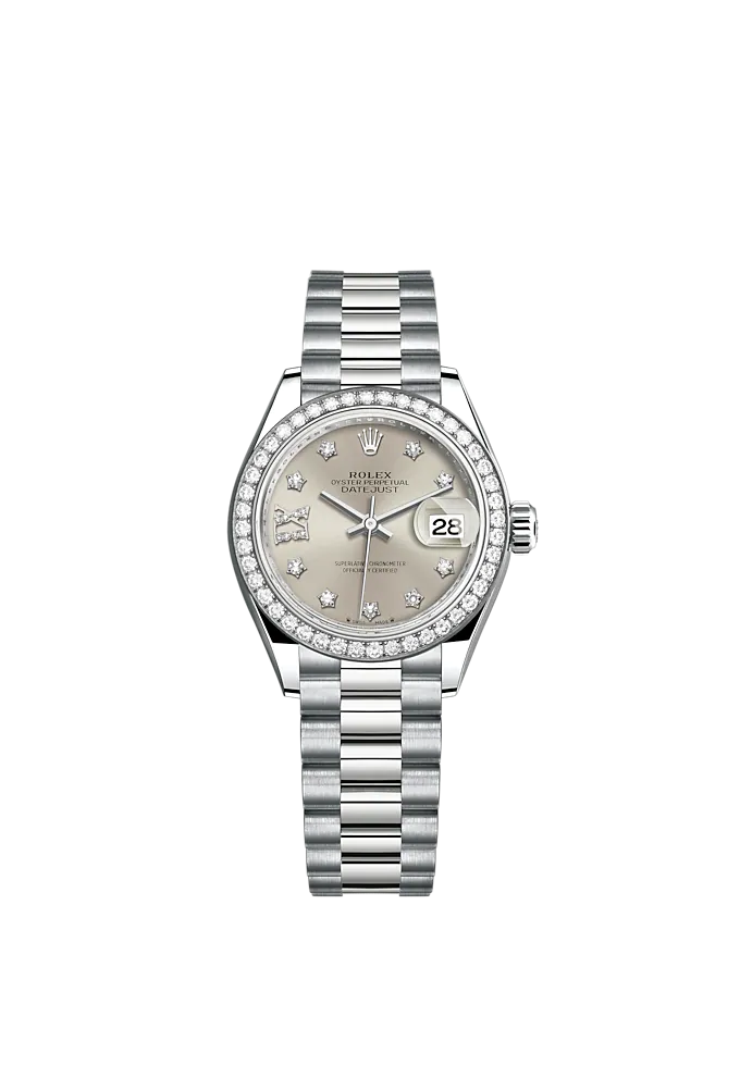 Lady-DateJust 28mm President Bracelet and 18 KT White Gold with Silver Dial and Diamond-Set Bezel and Marker