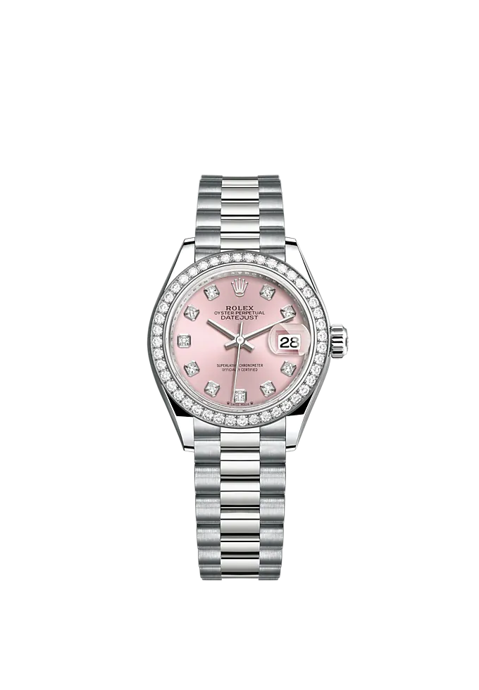 Lady-DateJust 28mm President Bracelet and 18 KT White Gold with Pink Dial Diamond-Set Dial and Diamond-Set Bezel