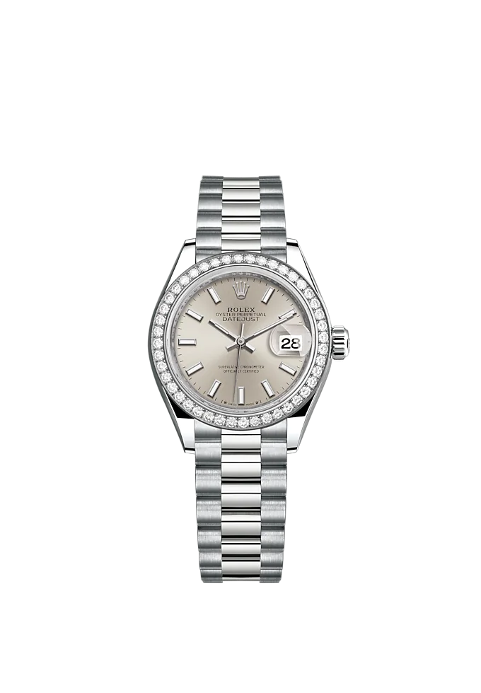 Lady-DateJust 28mm President Bracelet and 18 KT White Gold with Silver Dial and Diamond-Set Bezel