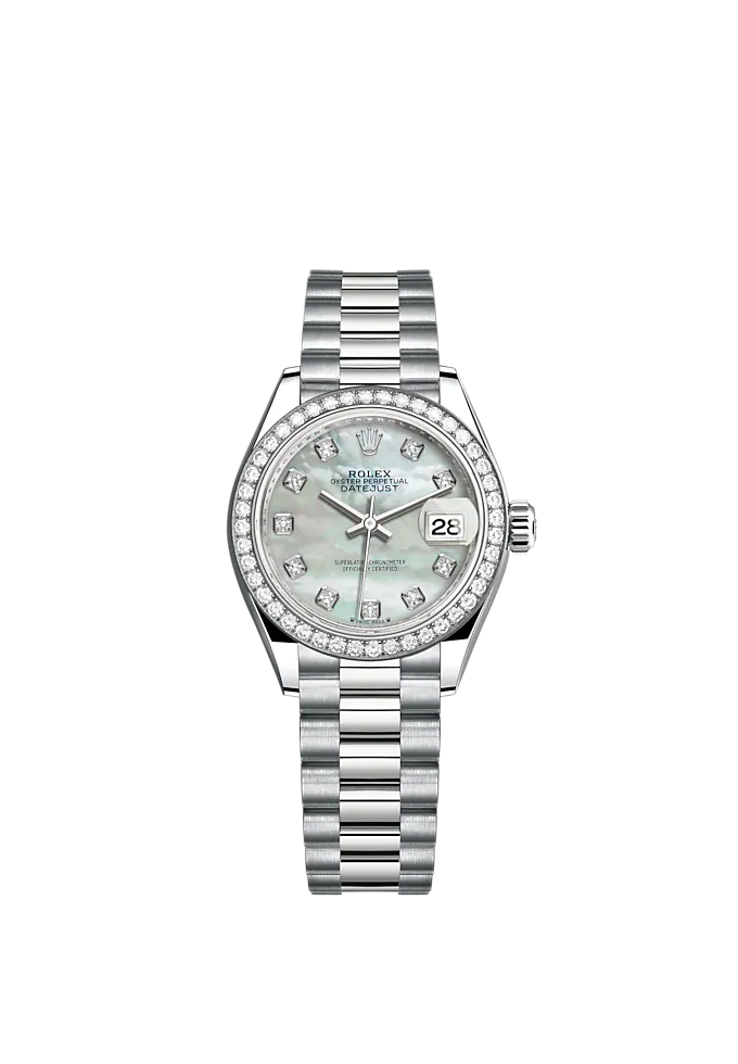 Lady-DateJust 28mm President Bracelet and 18 KT White Gold with White Mother-of Pearl Dial Diamond-Set Dial and Bezel