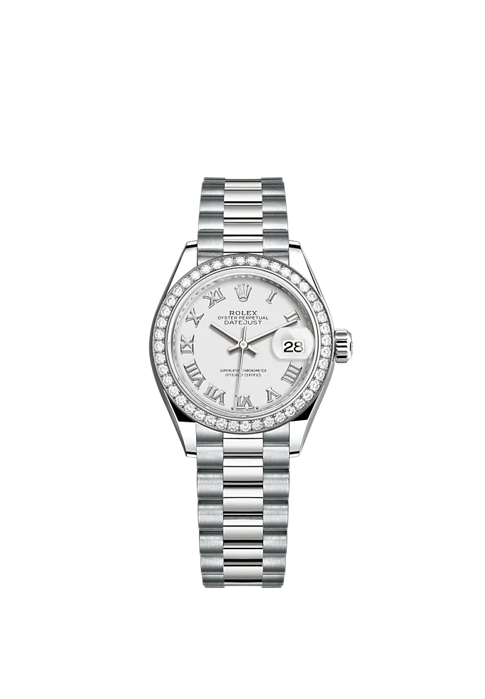 Lady-DateJust 28mm President Bracelet and 18 KT White Gold with White Dial and Diamond-Set Bezel