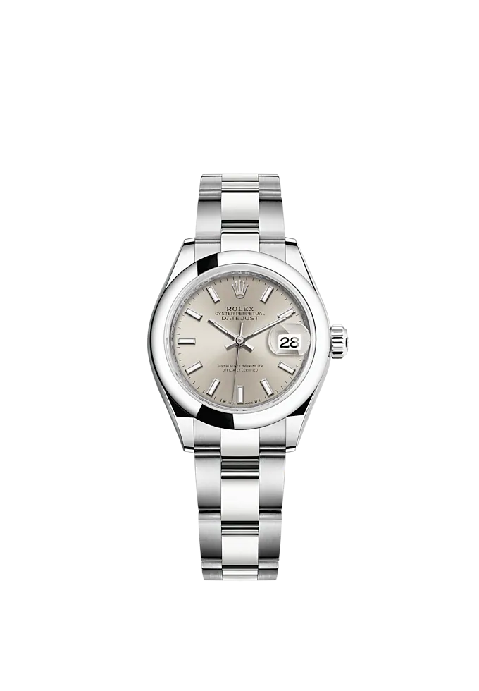 Lady-DateJust 28mm Oyster Bracelet and Oystersteel with Silver Dial Domed Bezel