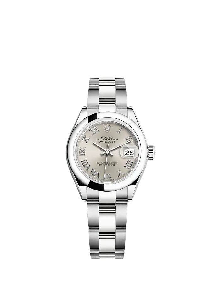 Lady-DateJust 28mm Oyster Oystersteel Bracelet and Silver Dial Domed Bezel