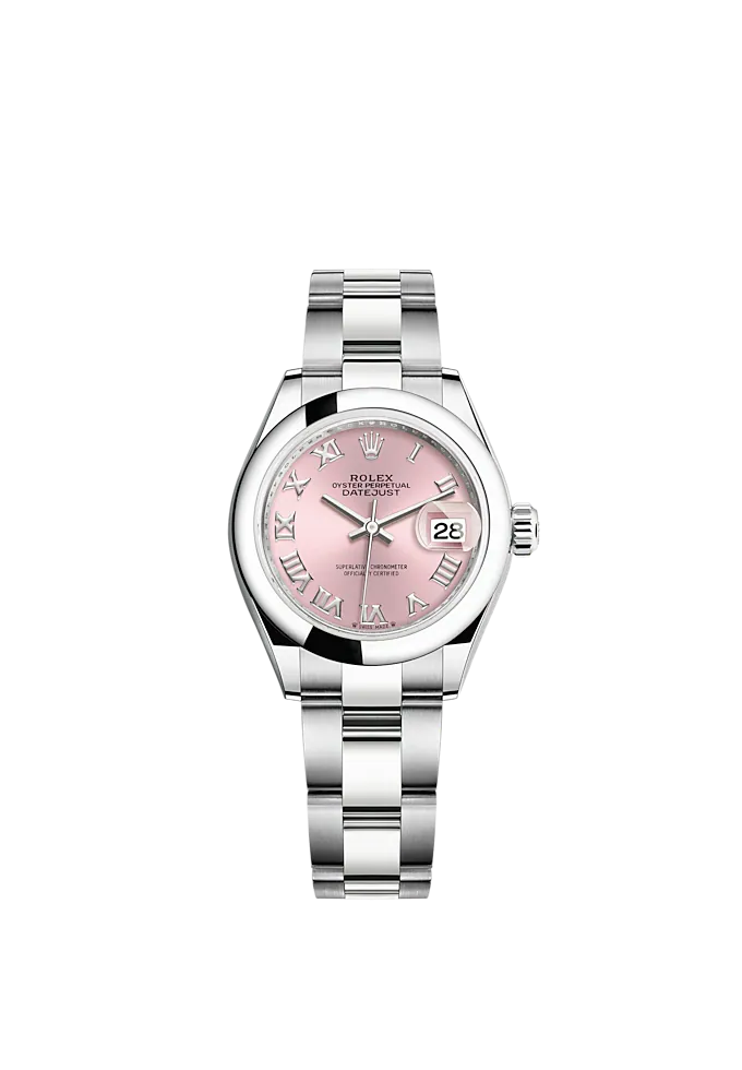 Lady-DateJust 28mm Oyster Oystersteel Bracelet and Pink Dial Domed Bezel