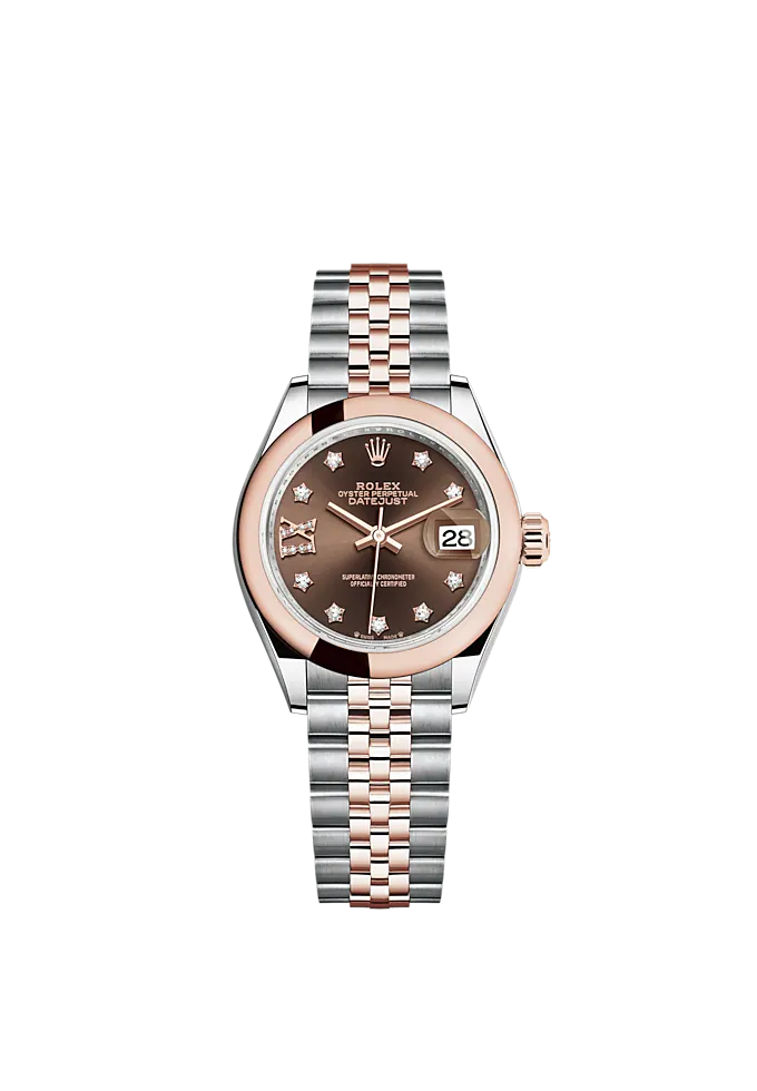 Lady-DateJust 28mm Oystersteel Jubilee Bracelet and Everose Gold with Chocolate Dial Diamond-Set Dial and Domed Bezel