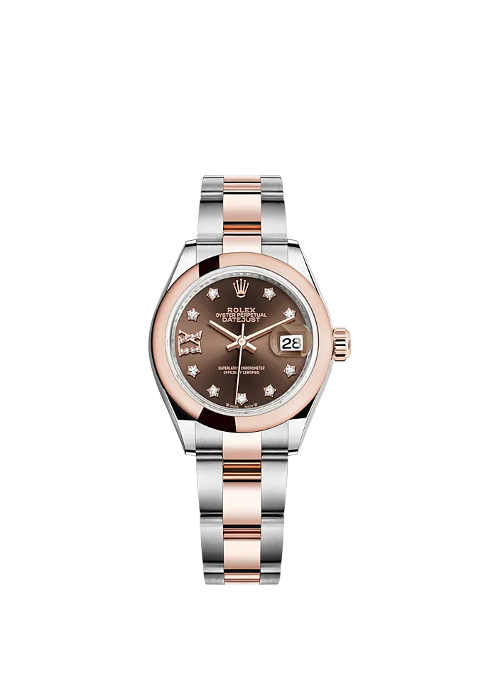 Lady-DateJust 28mm Oyster Oystersteel Bracelet and Everose Gold with Chocolate Dial Diamond-Set Dial Domed Bezel