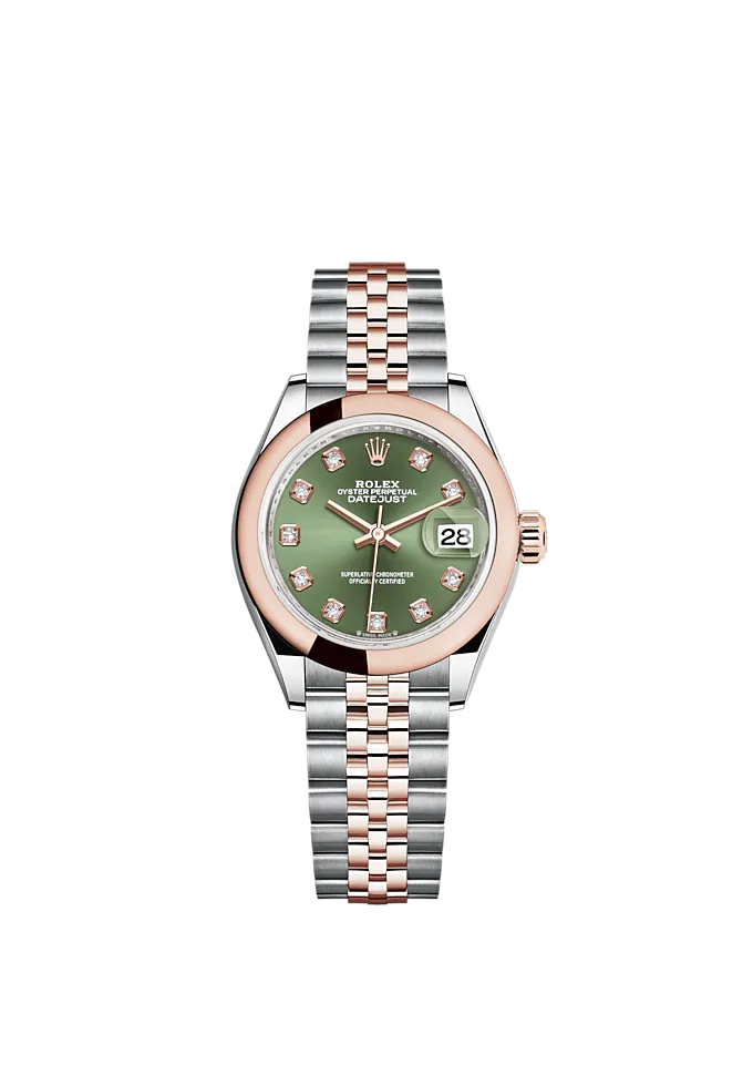 Lady-DateJust 28mm Oystersteel Jubilee Bracelet and Everose Gold with Olive-Green Dial Diamond-Set Dial Domed Bezel