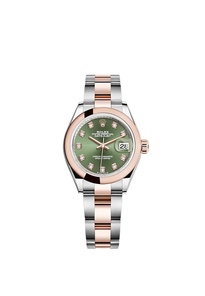 Lady-DateJust 28mm Oyster Oystersteel Bracelet and Everose Gold with Olive-Green Dial Diamond-Set Dial Domed Bezel