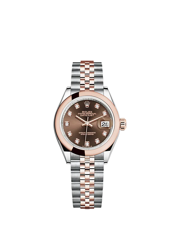Lady-DateJust 28mm Oystersteel Jubilee Bracelet and Everose Gold with Chocolate Dial Diamond-Set Dial Domed Bezel