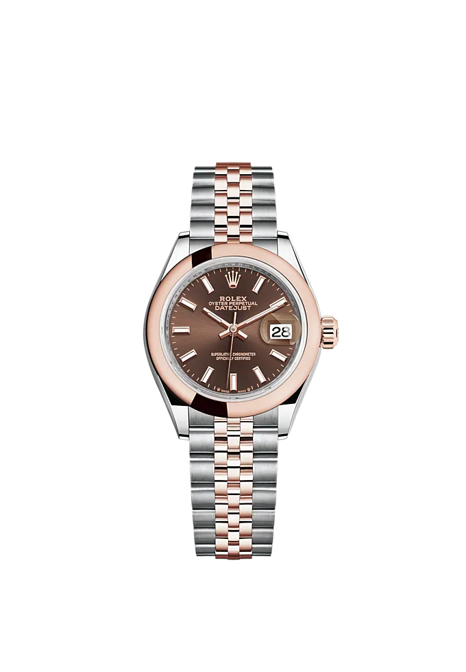 Lady-DateJust 28mm Oystersteel Jubilee Bracelet and Everose Gold with Chocolate Dial Domed Bezel