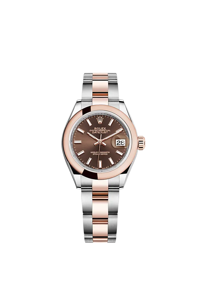 Lady-DateJust 28mm Oyster Oystersteel Bracelet and Everose Gold with Chocolate Dial and Domed Bezel