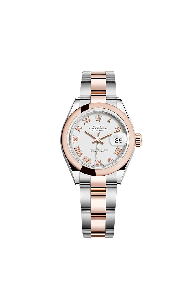 Lady-DateJust 28mm Oyster Oystersteel Bracelet and Everose Gold with White Dial Domed Bezel