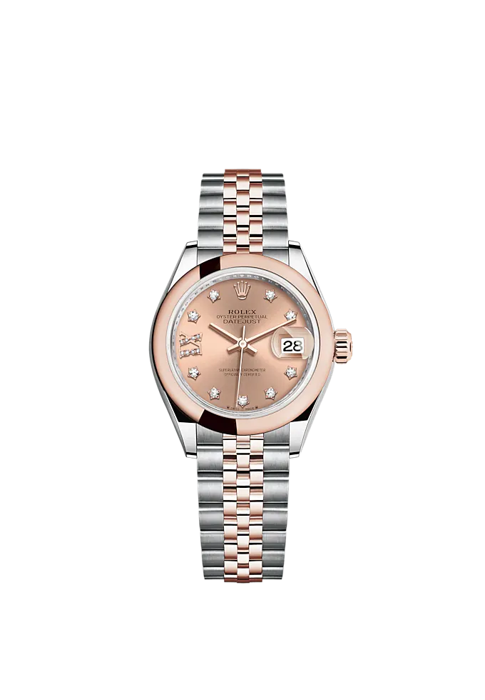 Lady-DateJust 28mm Oystersteel Jubilee Bracelet and Everose Gold with Rosé-Colour Dial Diamond-Set Dial Domed Bezel