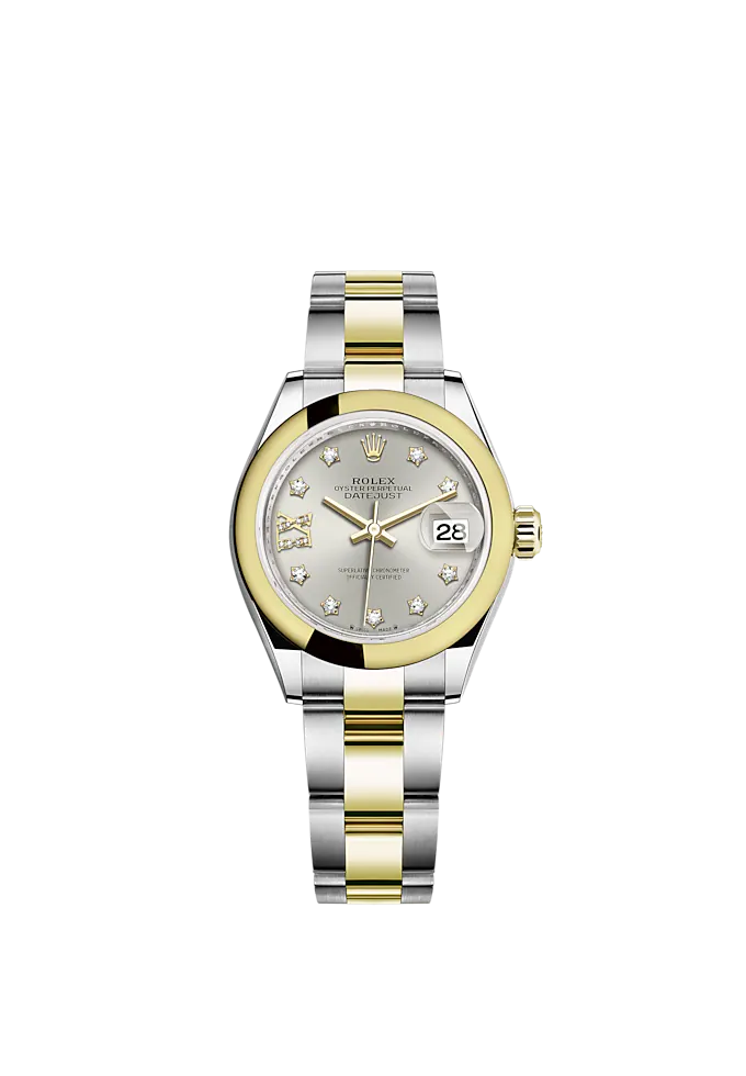 Lady-DateJust 28mm Oyster Oystersteel Bracelet and Yellow Gold with Silver Dial Diamond-Set Dial and Domed Bezel