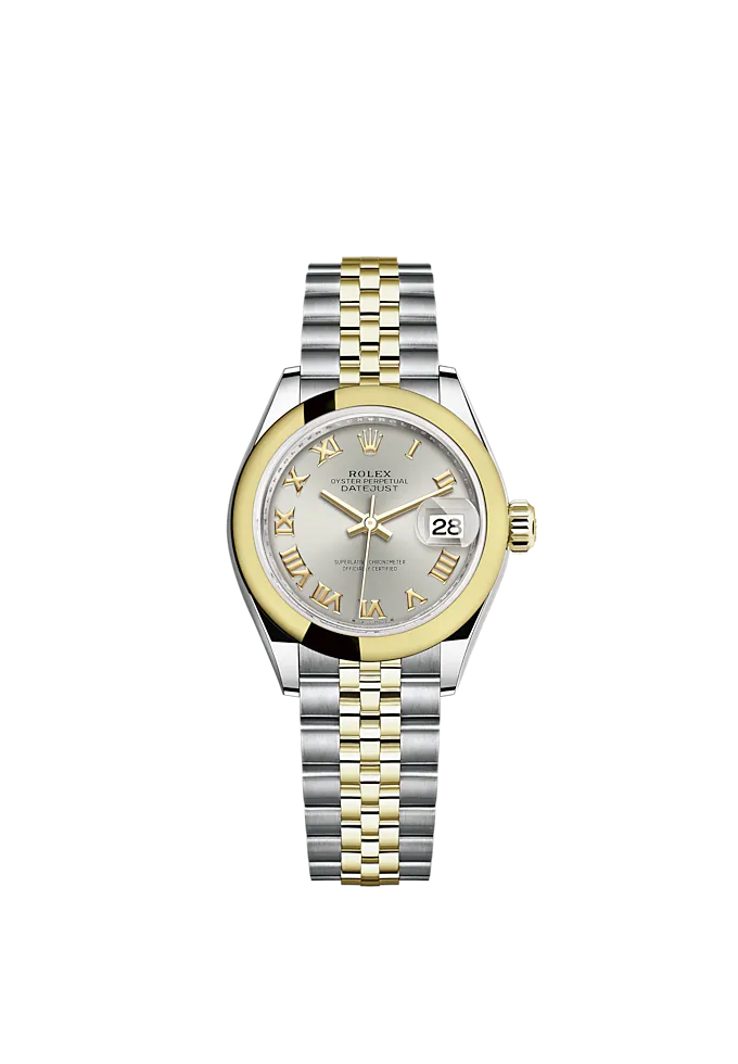 Lady-DateJust 28mm Oystersteel Jubilee Bracelet and Yellow Gold with Silver Dial and Domed Bezel