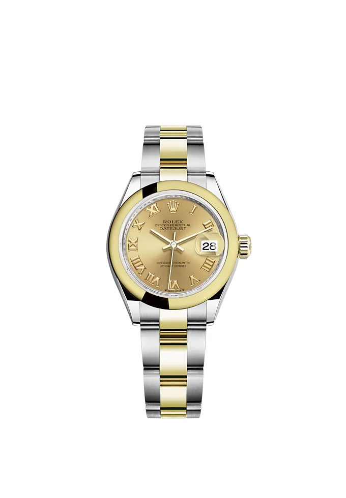 Lady-DateJust 28mm Oyster Oystersteel Bracelet and Yellow Gold with Champagne-Colour Dial and Domed Bezel