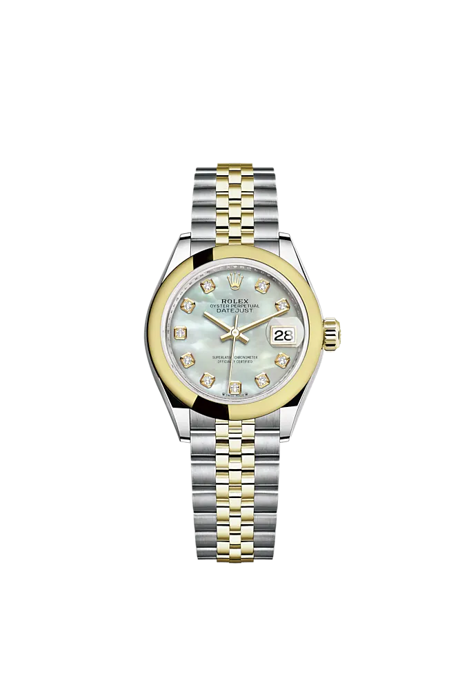 Lady-DateJust 28mm Oystersteel Jubilee Bracelet and Yellow Gold with White Mother-of-Pearl Diamond-Set Dial Domed Bezel